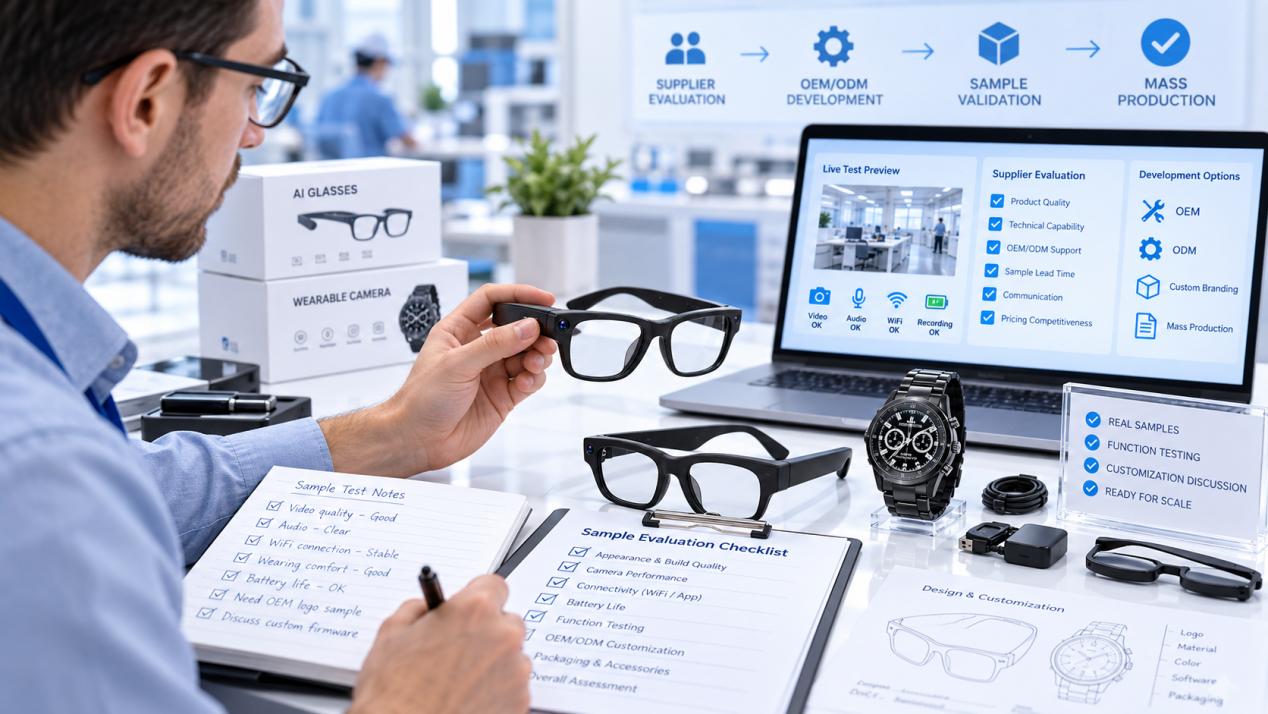 Engineer evaluating AI glasses and wearable camera samples for OEM ODM development, quality testing, and mass production Engineer evaluating AI glasses and wearable camera samples for OEM ODM development, quality testing, and mass production